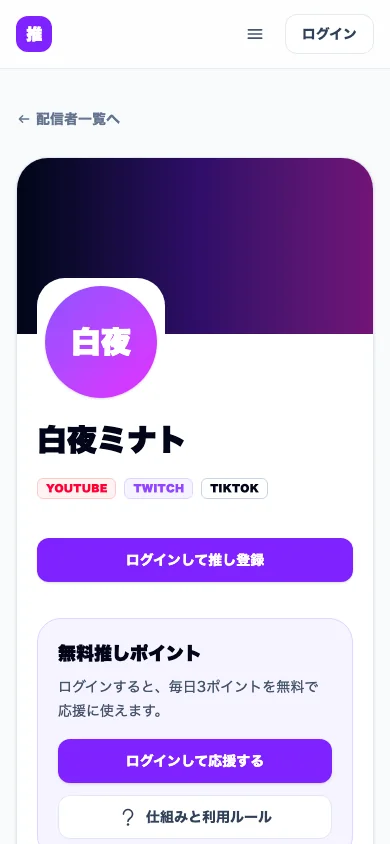 サンプル配信者のプロフィール画面のスマートフォン表示